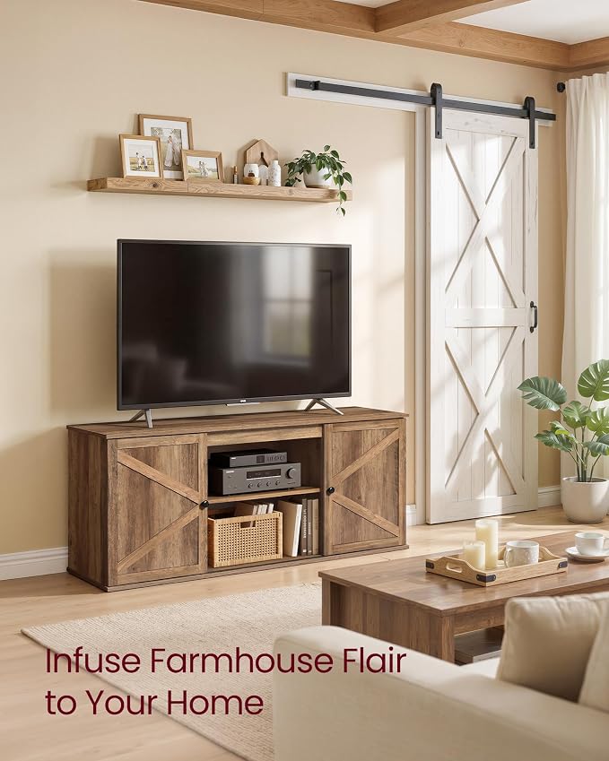 VASAGLE Farmhouse TV Stand for TVs up to 65 Inches, Entertainment Center with Storage Cabinets and Sliding Barn Doors, Media Console Table for Living Room, Honey Brown ULTV535K101