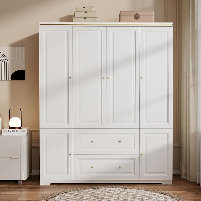 Armoire Wardrobe Closet with Drawers: 74" White Wardrobe Closet with 4 Doors, Tall Bedroom Armoires for Clothes, Wood Closets Cabinet for Hanging Clothes (59")