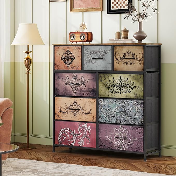 WLIVE 9 Drawer Dresser, Fabric Storage Tower for Bedroom, Hallway, Closet, Tall Chest Organizer Unit for Bedroom with Fabric Bins, Steel Frame, Wood Top, Easy Pull Handle, Pattern