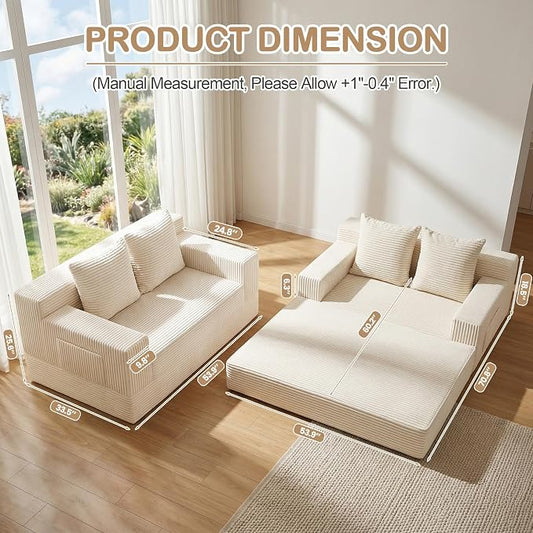 Boneless Loveseat Small Couch Bed, Futon Sleeper Sofa Bed,Convertible Pull Out Couch with 2 Pillows,Corduroy Folding Floor Couch for Living Room,No Assembly Required,Beige