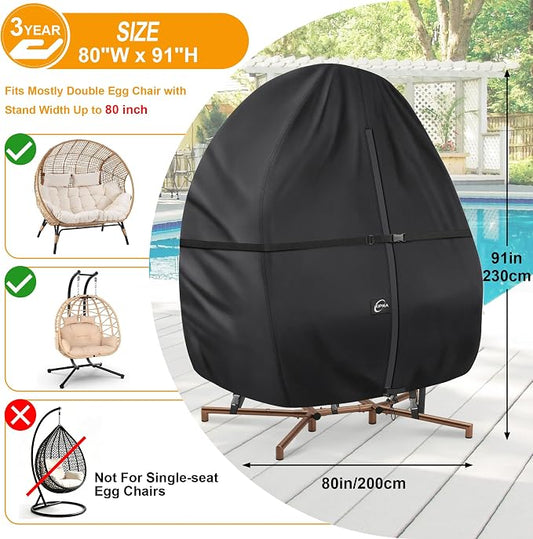 Kipiea Patio Egg Chair Covers Waterproof, 500D Upgraded Outdoor Hanging Egg Chair Covers with Waterproof Zipper, Double Seat Swing Egg Chair Cover, Windproof, Anti-UV, No Tears (Up to 80" W x 91" H)