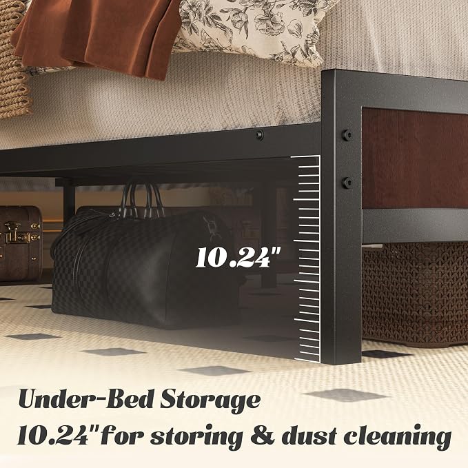 Fluest Full Bed Frame with Headboard & Footboard, Full Bed Frame with Built-in Charging Station & LED Light, Storage Shelf, Noise-Free, No Box Spring Needed, Easy Assembly, Coffee Brown