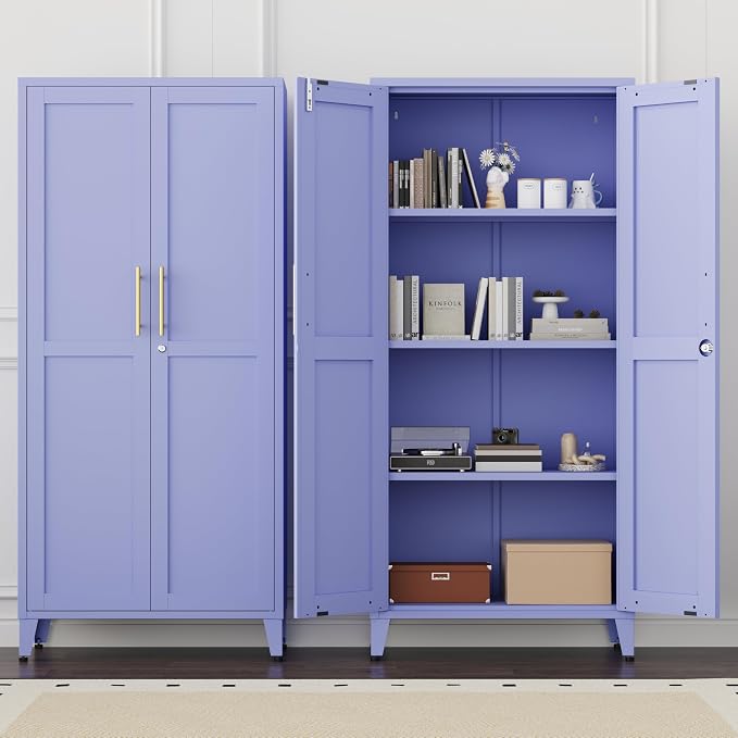 61" H Purple Metal Storage Cabinet with Door and 3 Adjustable Shelves Kitchen Pantry Cabinet with 2 Gold Handles Tall Metal Pantry Cabinet Freestanding Cupboard For Dining Room Living Room Bathroom 