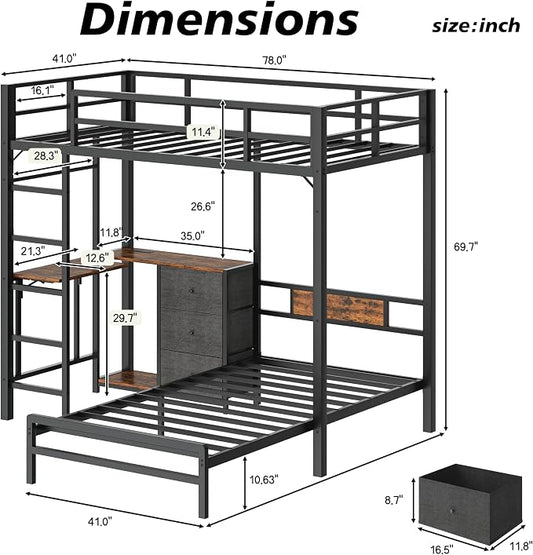 Bellemave Twin Over Twin bunk Bed with Desk and LED Charging Station, loft Bed with Desk and Shelves 3 Storage Drawers, Twin Metal Bunk Beds with Storage, Black
