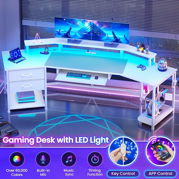 Itaar 79" Gaming Desk with 2 Fabric Drawers, Long Computer Desk with Power Strip & LED Lights, U Shaped Desk with Storage and Cup Holder, Large Gaming Table for Bedroom, Carbon Fiber White