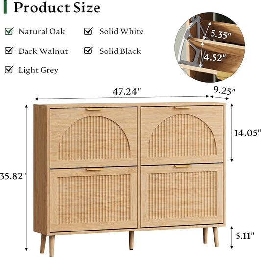 Xixini Shoe Storage Cabinet with 4 Flip Drawers, 36" Tall Narrow Wood Fluted Shoe Organizer for Entryway, Freestanding Wooden Hidden Slim Shoe Rack for Front Door Entrance, Hallway, Foyer, Natural Oak