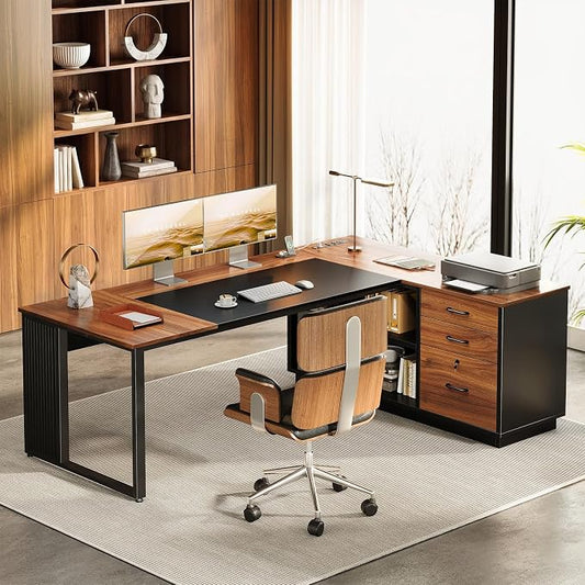 AODK 71 Inch L Shaped Executive Desk with Drawers and File Cabinet, Large Office Desk with Storage Shelves, Corner Computer Desk for Home Office, Walnut + Black