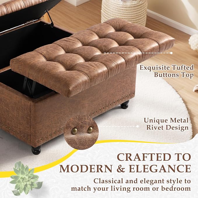 36" Large Square Ottoman with Storage, Tufted Upholstered Storage Ottoman with Lift Top & Solid Legs for Bedroom Room, Extra Large Coffee Tables Bench for Living Room as Footstool (Brown)