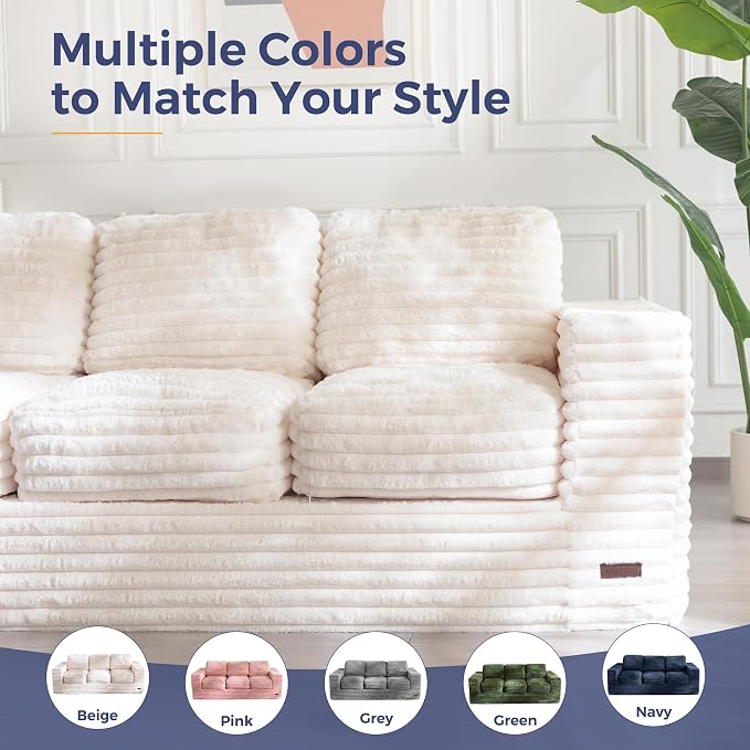 MAXYOYO 3-Seater Boneless Sofa Couch, Modern Faux Fur Sofa for Living Room, Soft Bean Bag Chair High-Density Foam Couch with Pillows, No Assembly Required