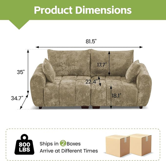 82" Loveseat Cloud Couch, Brown Chenille Modern Upholstered 2-Seater Sofa with Tufted Deep Seat & Wood Legs, Comfy Small Love Seat Couch for Living Room Apartment