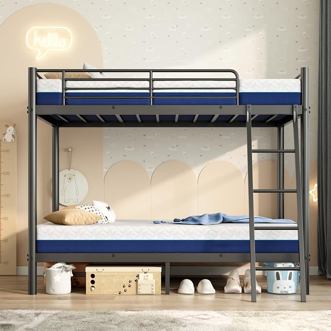 Bunk Bed Twin Over Twin with 6'' Mattresses Included, Heavy Duty Metal Bunk Bed Frame with Angled Ladder for Teens and Adults, for Spaces-Saving, Smooth Rounded Edges, Black