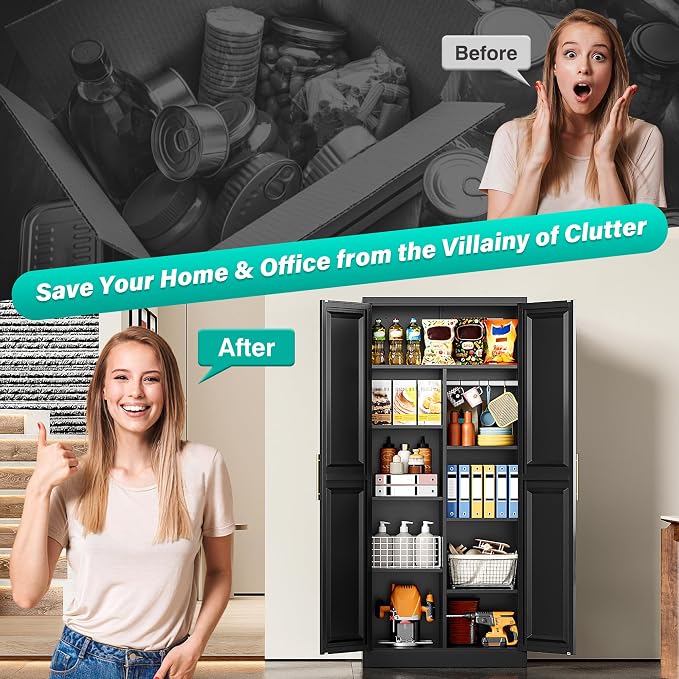 SISESOL 71" Tall Storage Cabinet with 9 Shelves and Hanging Rod,Kitchen Pantry Cabinet with 2 Door,Black Metal Storage Cabinets,Large Cupboard for Home,Kitchen,Laundry,Bathroom