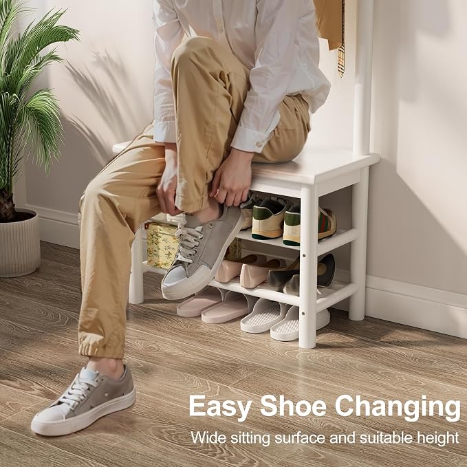 AQIMUELE Coat Rack with Shoe Storage, Narrow Wooden Hall Tree with Bench, 11 Hooks and 2-Tier Storage Shelves, 3-in-1, Entryway Bench with Coat Rack (23.6"-Deep White)