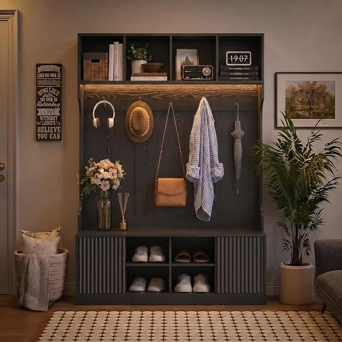 Hall Tree with Bench and Shoe Storage, 5-in-1 Entryway Coat Rack with LED Sensor Light, Hooks and Storage Cubes, Shoe Cabinet with Fluted Door, Modern Hall Tree for Entryway, Living Room