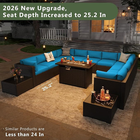 Aoxun 15 Piece Patio Furniture Set with 44” Fire Pit Table, Wicker Rattan Patio Sectional Sofa, Outdoor Furniture Set with Thickened Cushion, Peacock Blue