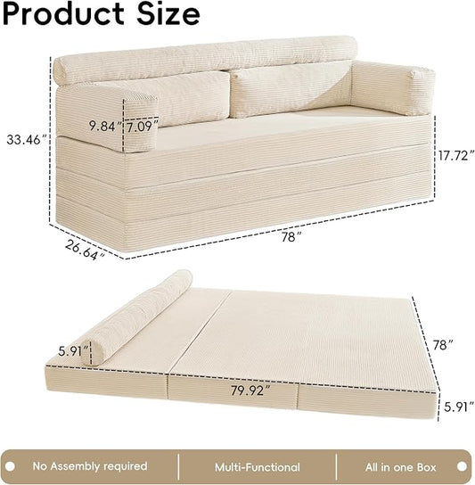 5-in-1 Convertible Sofa Bed, 78" Boneless Couch Tri Folding Mattress with Removable L-Shaped Armrests, Corduroy Futon Couch Sleeper with Pull Out Bed for Living Room Bedroom Apartment, Beige