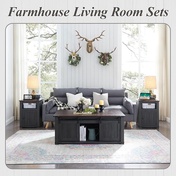IFGET 48" Lift Top Coffee Table, Farmhouse Cocktai with Sliding Groove Barn Door, Rustic Wood Center Table w/Double Storage Spaces for Living Room, Dark Grey