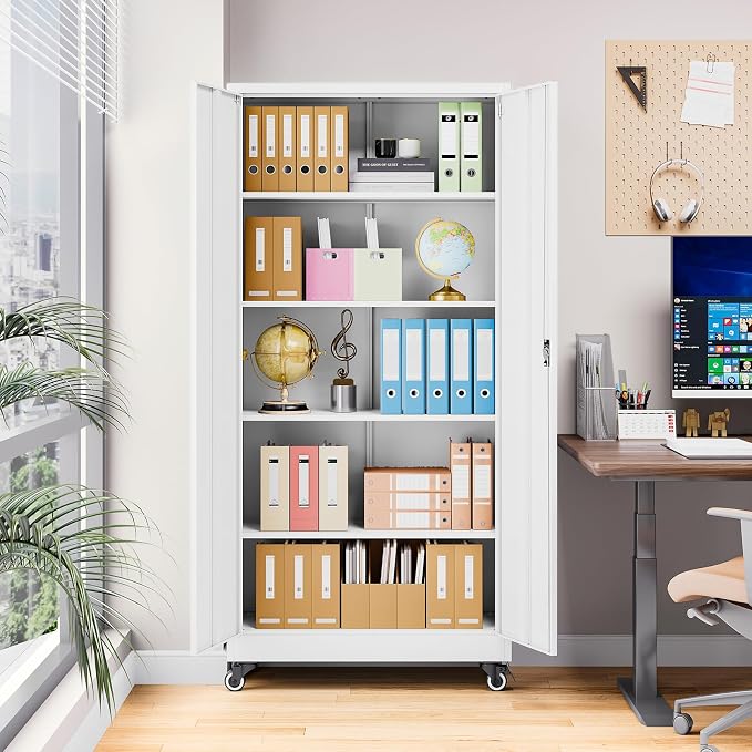 Metal Storage Cabinet with Wheels, Tall Garage Storage Cabinet with 4 Adjustable Shelves and 2 Doors, Lockable Tool Cabinet for Garage Home Office,Gym,School (White)