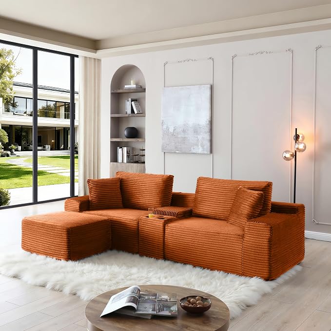 ivoros 111 Inch Modular Sectional Sofa Couch, Oversized Modern Cloud Couch for Living Room, L Shape Couches with Ottomans, USB Ports and Cup Holders, Orange Corduroy Boneless Sofas, Sofa in a Box