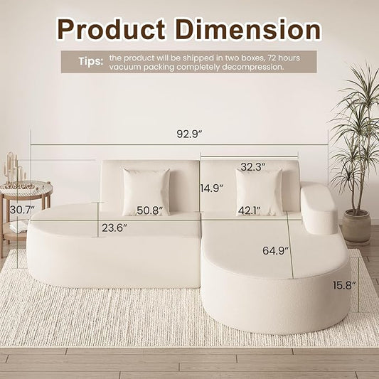 MELLCOM Modern 93" Curved Boneless Sofa Couch, L-Shaped Corner Sofa, No Assembly Needed, Chenille Upholstered Cloud Sectional Couch for Living Room,Apartment and Bedroom (Beige, Right Hand Facing)
