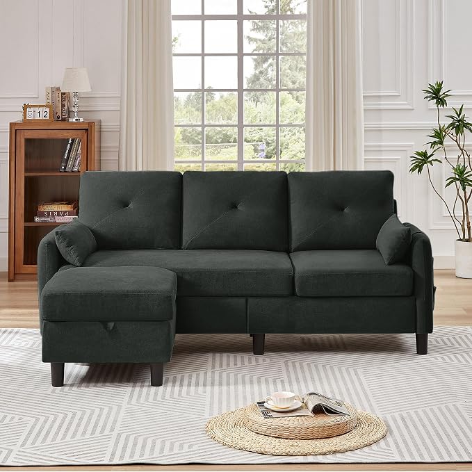 Convertible L-Shaped Sectional Sofa, 3-Seat Sofa Couches with Storage Ottoman & 2 Pillows and Side Storage Pockage, Small Modern Couch for Living Room, Apartment and Office, Black