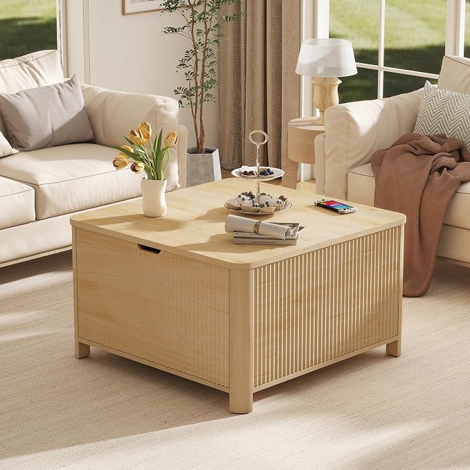 LYNCOHOME 31.5" Fluted Lift Top Coffee Table with Storage, Square Coffee Tables for Living Room, Coffee Table with Large Hidden Storage Compartment and Adjustable Shelves,Natural