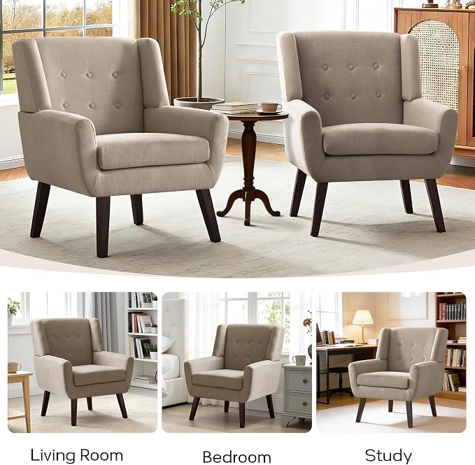 HUIMO Accent Chair Set of 4, Upholstered Button Tufted Armchair, Linen Fabric Sofa Living RoomChairs for Bedroom, Mid-Century Modern Comfy Reading Chair (4 PCS, Khaki)