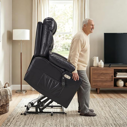 MCombo Oversized Power Lift Recliner Chair with Extended Footrest, Extra Wide for Big and Tall Elderly People, Faux Leather R7289 (Black, Medium-Wide)