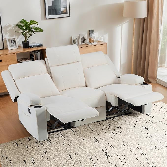 75'' Manual Reclining Sofa with Storage Drawer, 3 Seat Wall Hugger Recliner Couch with Cup Holders, Side Pockets, Chenille Fabric, Compact 3-Person Recliner for RV, Living Room, Apartment (Beige)