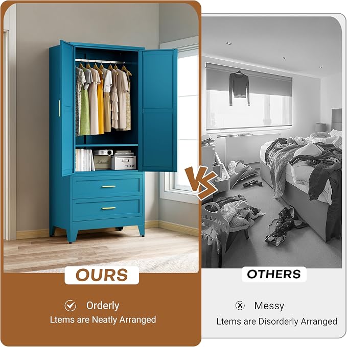 Metal Armoire Wardrobe Closet with Drawers, 71" Wardrobe Cabinet with Adjustable Shelves and Hanging Rod for Bedroom, Blue Metal Closet Storage Cabinet with 2 Doors & 2 Drawers