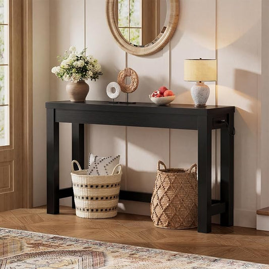 Cyclysio 47" Console Table with Charging Station, 13.8" Deep Farmhouse Sofa Table Behind Couch with 2 AC Outlets & 3 USB Ports, Entryway TV Console or Compact Home Office Desk, Black