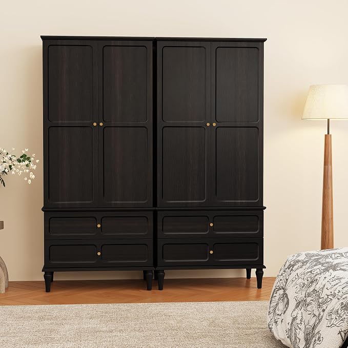 HLR 71" Mid-Century Modern Armoire Wardrobe Closet with Doors and Drawers,Wooden Armoire Storage Cabinet with Hanging Rod for Bedroom,Large Capacity Storage,Black