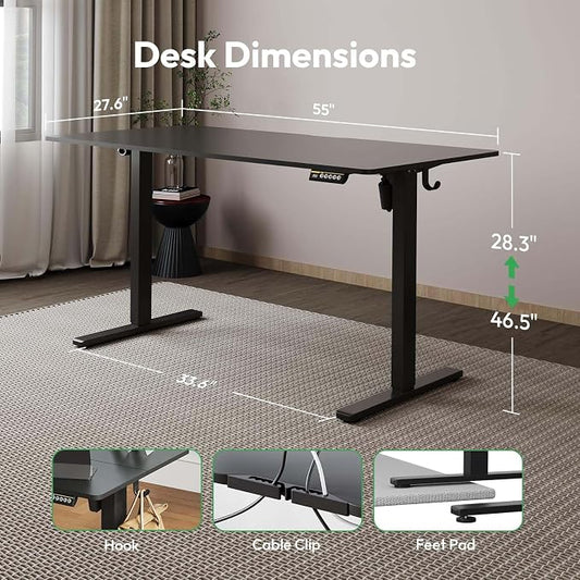 Large Electric Standing Desk,55x28 Inches Adjustable Height Stand up Desk, Sit Stand Home Office Desk, 3 Preset Heights,Equipped with Hooks,Ergonomic Computer Desk Workstation,Black