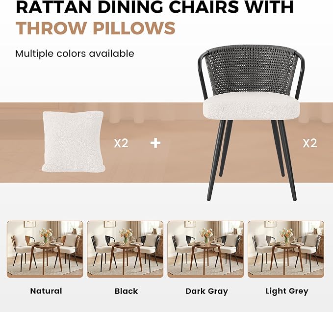Rattan Dining Chairs Set of 2, Upholstered Kitchen Chair with Metal Legs, Ergonomic Curved Backrest, Mid Century Modern Living Room Chairs with Throw Pillow, Dark Gray