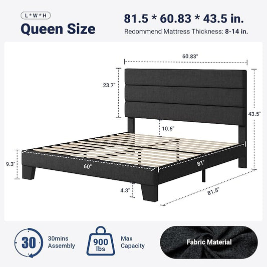 Allewie Queen Size Platform Bed Frame with Fabric Upholstered Headboard and Wooden Slats Support, Fully Upholstered Mattress Foundation/No Box Spring Needed/Easy Assembly, Dark Grey