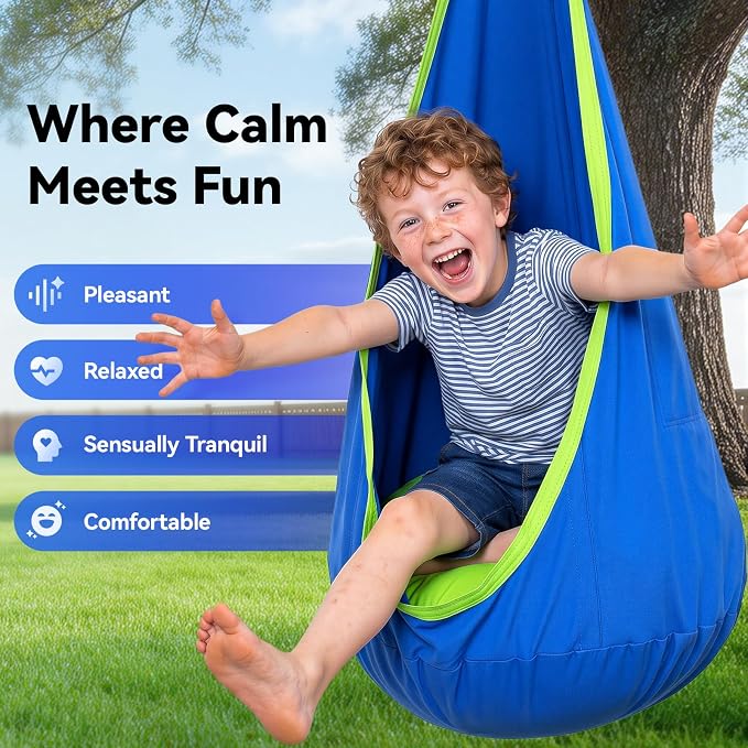 Y- STOP Pod Swing for Kids, Sensory Indoor Hanging Hammock Chair with Inflatable Pillow Sensory Cocoon Pod Swing Seat for Kids with Pocket for Indoor and Outdoor Blue and Green