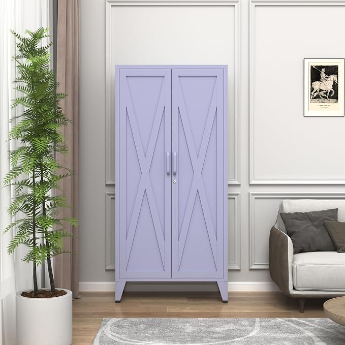 Purple Metal Pantry Cabinet with Lock,Freestanding Steel Storage Locker with 3 Adjustable Shelves,Heavy Duty Metal Storage Cabinet for Kitchen, Living Room,Laundry,Garage 61" H X 27.6" W X 13.8" D