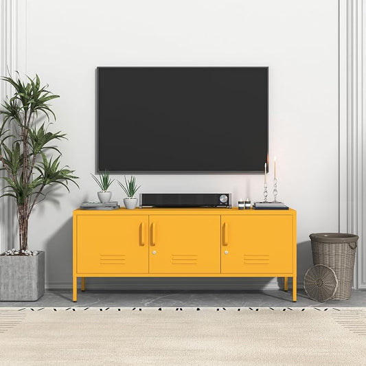 3 Door TV Standwith Storage Locke Metal TV Cabinet with 2-Tier Multi-Purpose Lockable Wide Storage Cabinet, Media Console Table with Metal Legs for Living Room, Bedroom,Office,Yellow