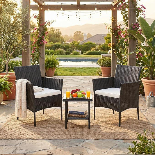 FDW Wicker Outdoor Furniture Patio Furniture Set of 3 Rattan Patio Chairs Outdoor Chairs Patio Conversation Set with Coffee Table for Yard Backyard Lawn Porch Poolside Balcony,Black