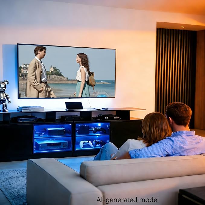 70-Inch Black TV Cabinet,Equipped with A USB Charging Strip,6 Large Storage Spaces,2 Glass Doors with Built-in Ambient Lighting,Serving as A Media and Entertainment Cabinet
