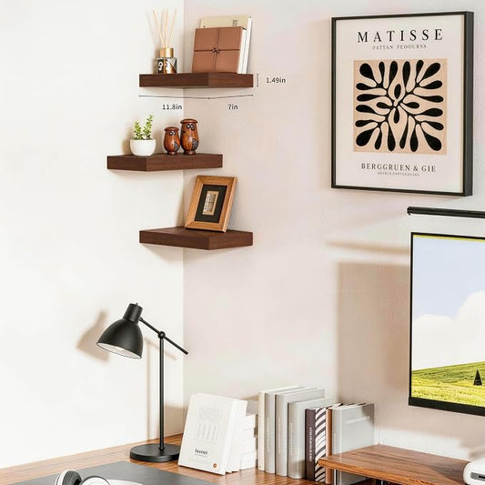 Floating Shelves, Walnut-Like Wooden Set of 3 Wall Mounted Bathroom Shelves Over Toilet, Modern Small Hanging Shelves for Bedroom Living Room Kitchen Rustic Home Decor, 12" x 7" x 1.5"