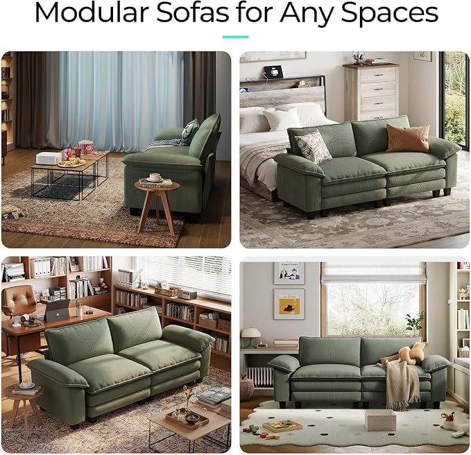 LINSY HOME 90" Modular Cloud Love Seat Sofa, Corduroy Soft Sectional Couch, Modern Comfy Love Seat, Perfect for Living Room, Apartment, Office, Green