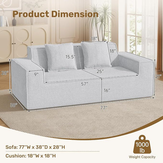 Luxanimarion 77'' Modern Small Loveseat, No Assembly Required Cloud Sofa Cloud Sofa Boneless Couches with 2 pcs Pillows for Living Room, Apartment(Polar Fleece-Grey)