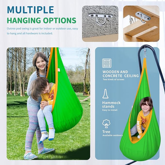 OUTREE Kids Pod Swing Seat, Cotton Child Hammock Swing Chair,Sensory Swing for Indoor and Outdoor Use,Green and Yellow
