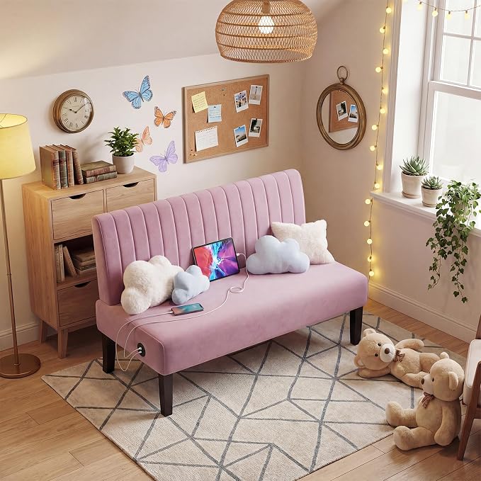 STHOUYN Mini Small Comfy Couch Armless Loveseat Sofa for Bedroom with USB Port, Velvet Couches for Small Spaces Living Room, Apartment Office Dorm (Pink)