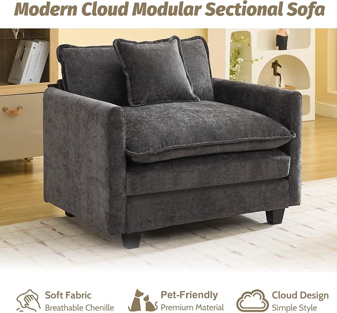 WUTUTUEE 41'' Modern Chenille Oversized Chair, Upholstered Accent Living Room Chair with Extra Thicked Deep Seat, Single Lounge Chair for Bedroom, Small Apartment, Dark Grey