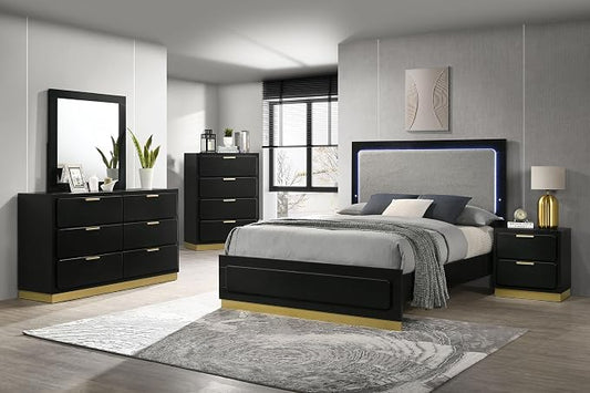Coaster Home Furnishings Caraway Contemporary 5-Piece Bedroom Set Upholstered California King Size LED Panel Bed Frame 55-inch Headboard Black 224781KW-S5