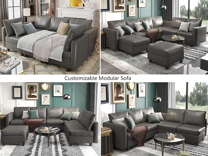EASE MOOSE Faux Leather Sectional Modular Sofa with Storage,Comfortable Faux Leather Modular Sectional Couch for Living Room,Grey