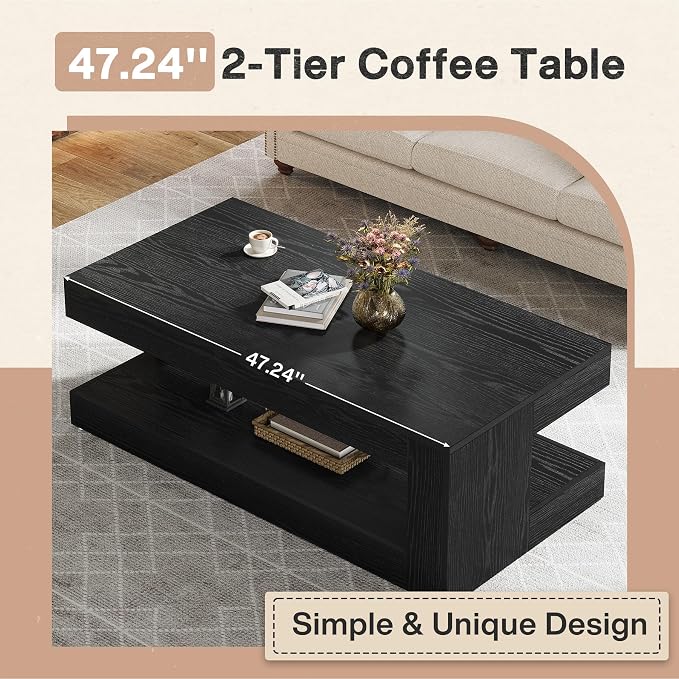 Tribesigns Coffee Table for Living Room, 47.24 Inch Farmhouse 2-Tier Accent Center Tea Cocktail Table with Storage, Rectangle, Black