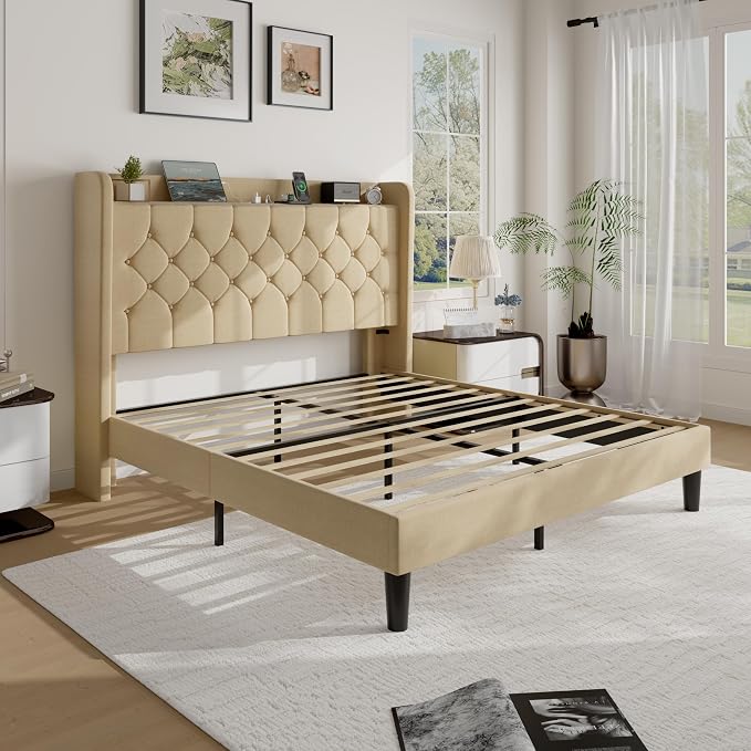 SHA CERLIN Queen Size Platform Bed Frame with Charging Station, Linen Wingback Headboard with Storage Shelf, Wooden Slats Support, Ample Under-Bed Space, No Box Spring Needed, Easy Assembly, Beige